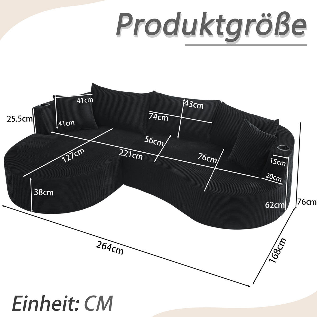 3-SITZER ECKSOFA Cord Schwarz mit Getränkehaltern und Kissen - Schwarz, Textil (264/168cm) - WISHDOR