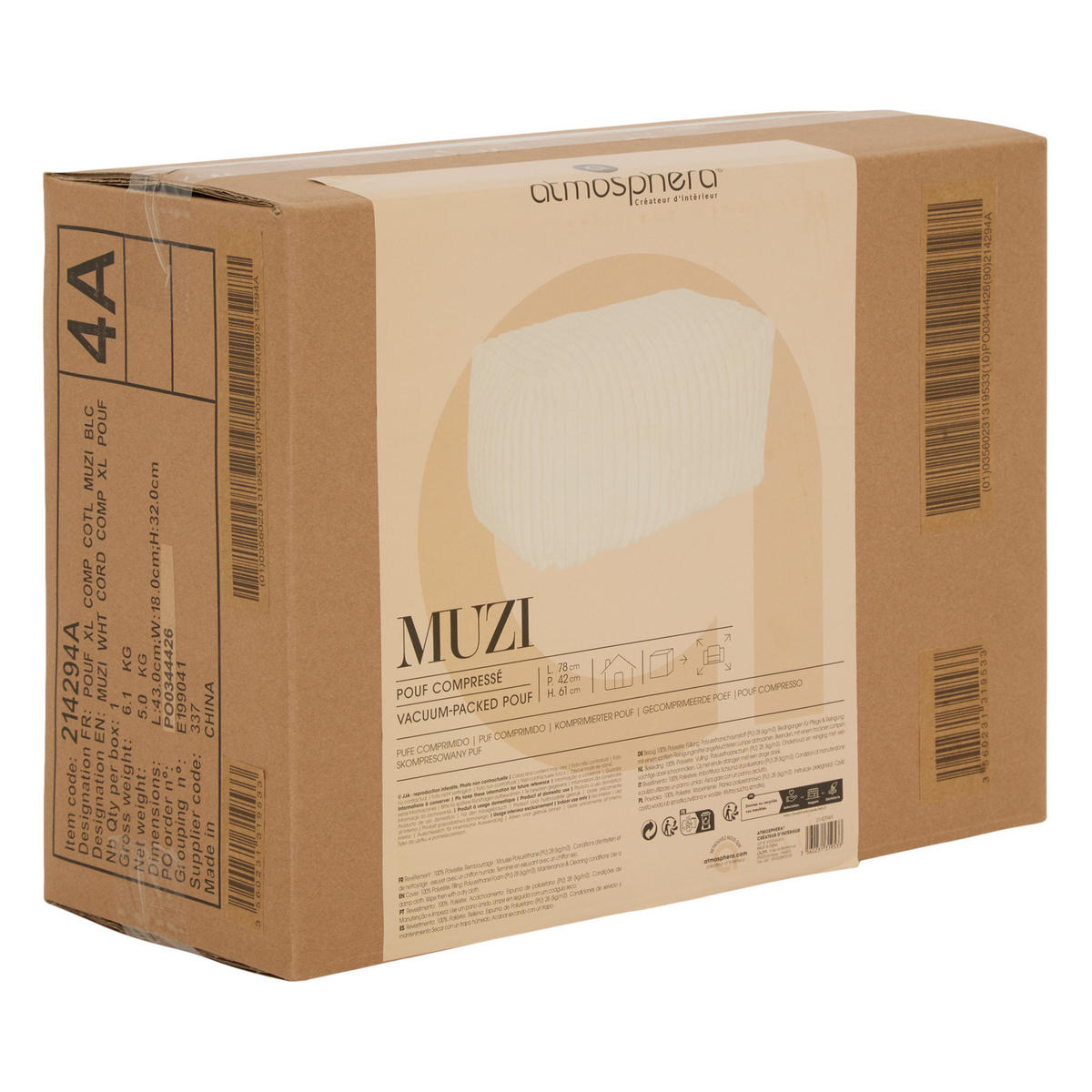 PUFF Muzi Xl 78/61/42 cm - Beige, Kunststoff (61/42/78cm) - Atmosphera Createur d´interieur