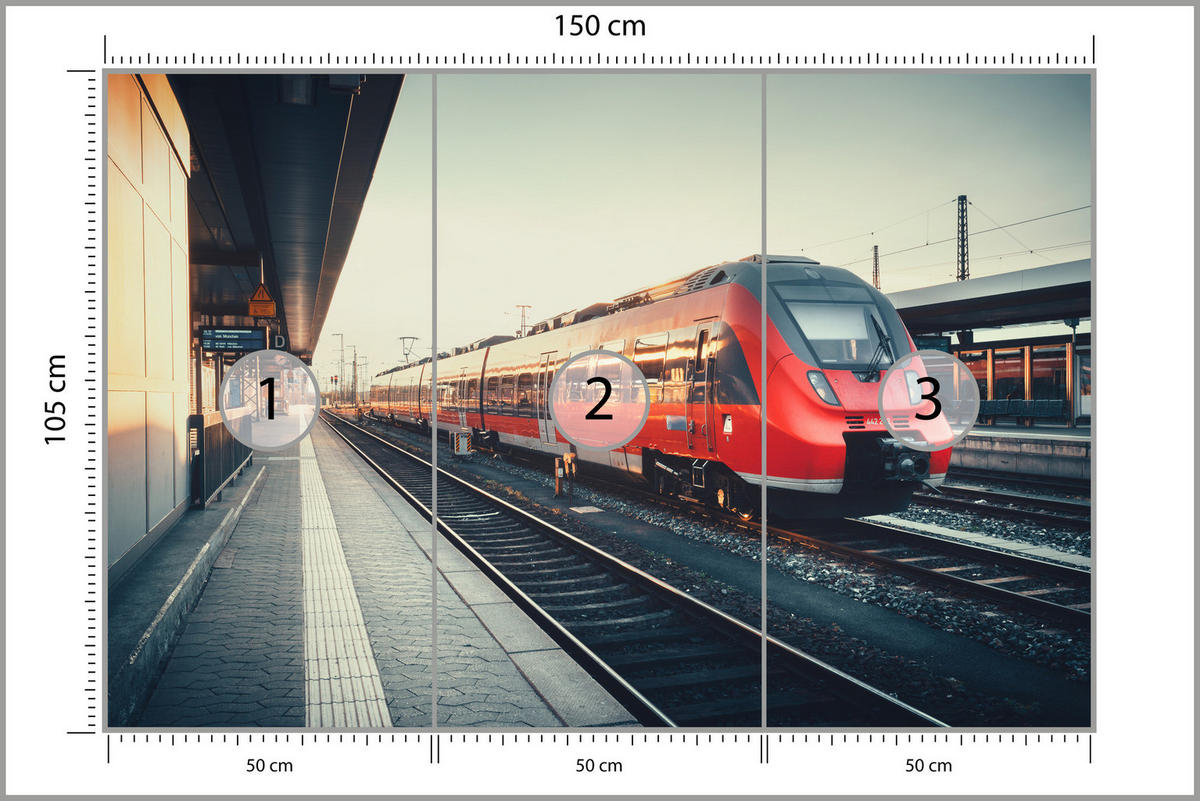 FOTOTAPETA Pre Obývaciu Izbu Moderný Červený Vlak Stanica Koľajnice 150 x 105 cm - hnedá/sivá, papier (150/105cm) - Muralo