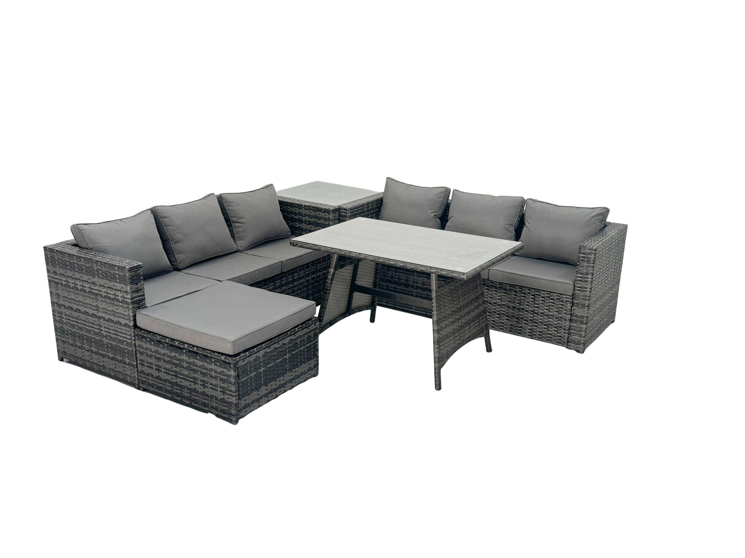GARTENMÖBELSET mit Hocker Esstisch 7-Sitzer Grau - Dunkelgrau/Grau, Glas/Kunststoff - Fimous
