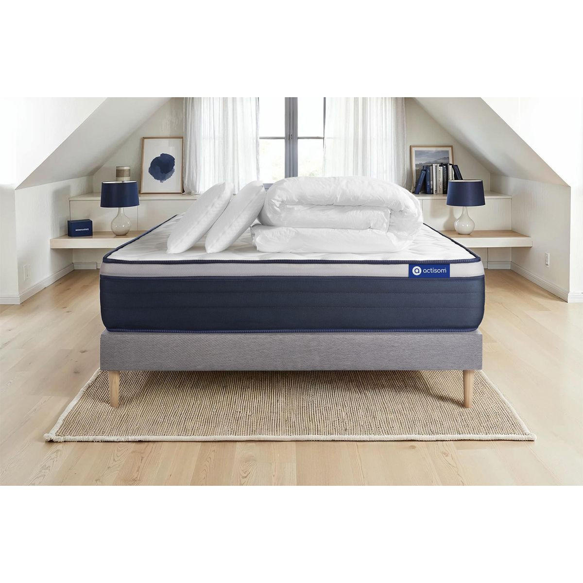 BETT Actiflex max Taschenfederkern und Memory-Schaum 140 x 190 cm h3 - Kit Bettgestell Grau - Mit Kissen und Bettdecke - Beige/Grau, Karton/Holz (140/190cm) - ACTISOM