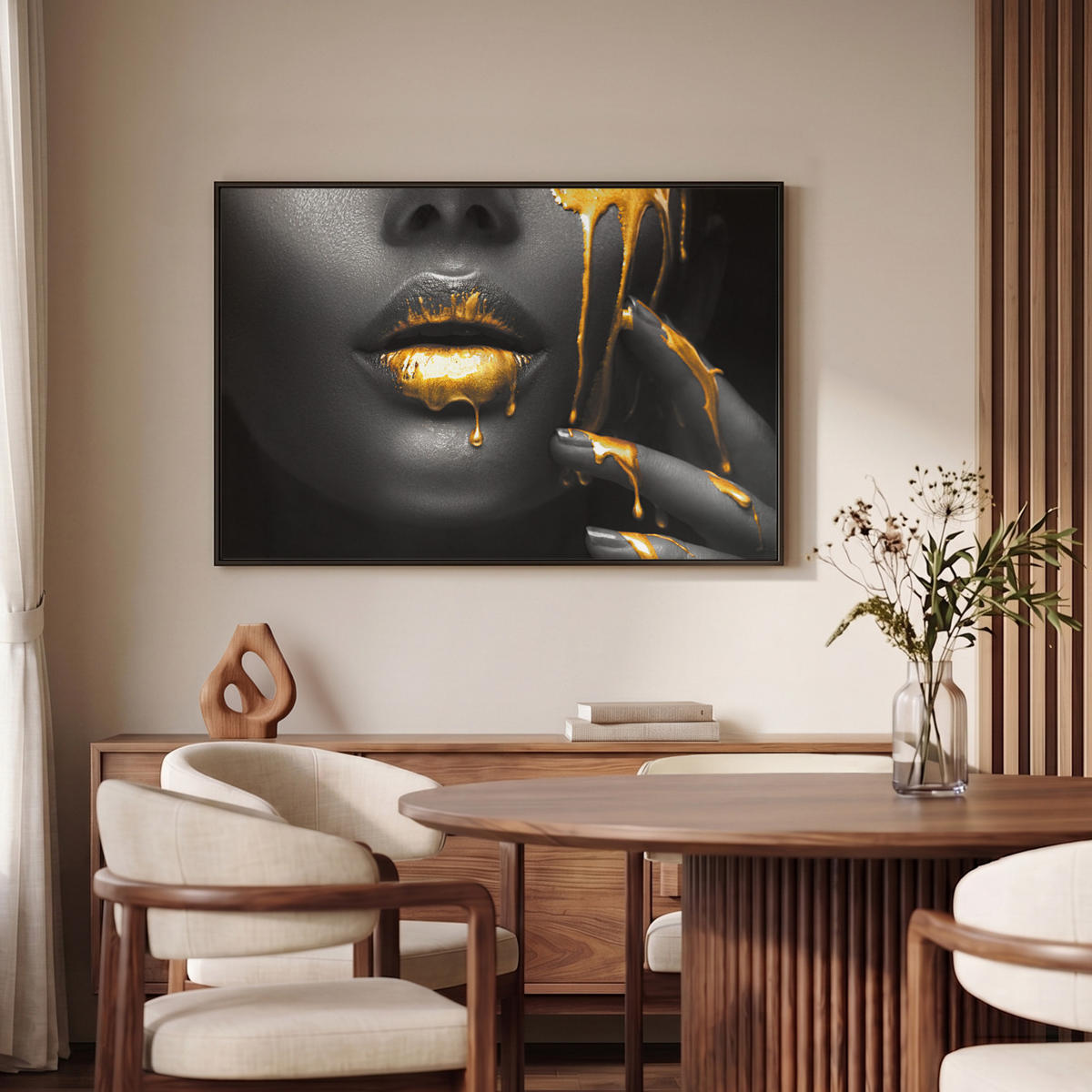 LEINWAND Bilder mit Rahmen - Frau - Schwarz - Gold - Gesicht - Lippen - 90x60 - Goldfarben, Textil (90/60cm) - MuchoWow