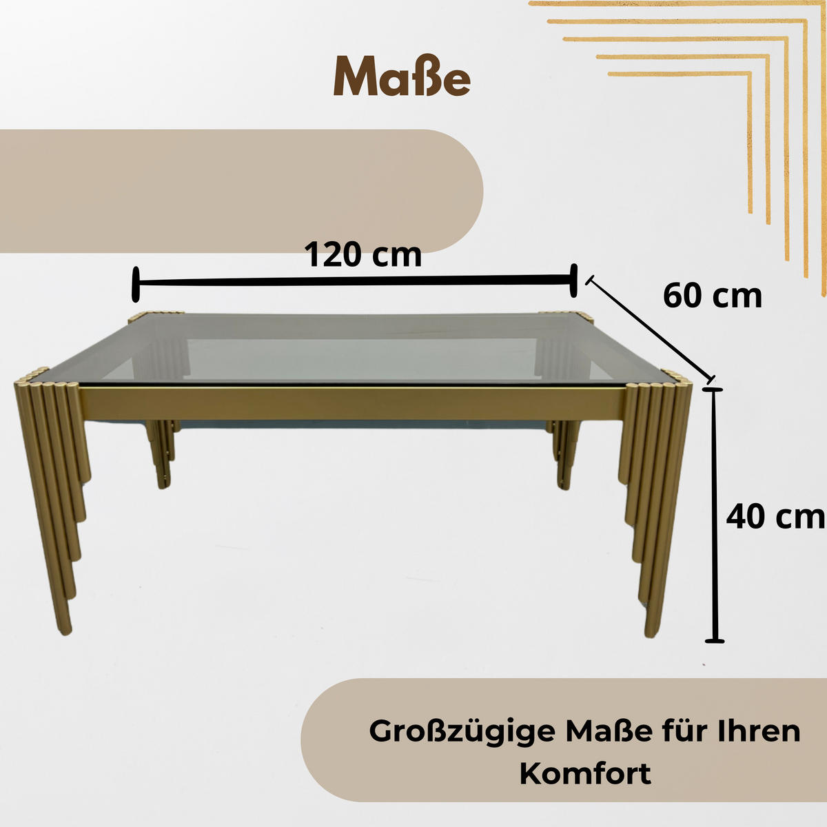 DESIGNER-COUCHTISCH – Rechteckiger mit goldfarbenem Edelstahlgestell und gehärteter Glasplatte - Goldfarben, Metall (120/60/40cm) - Fortisline