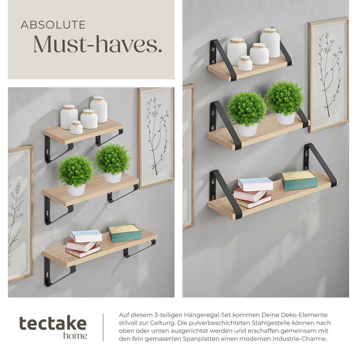 WANDREGAL 3er Set Cowell,Höhe 12 cm, Industrial Holz hell, Eiche Sonoma - Naturfarben, Holzwerkstoff (12/12/40cm) - tectake