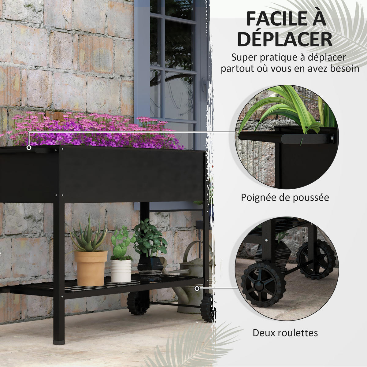 HOCHBEET DE-16033 mit Etagere und Rollen Schwarz - Schwarz, Metall (109/80/44cm) - ComfortXL