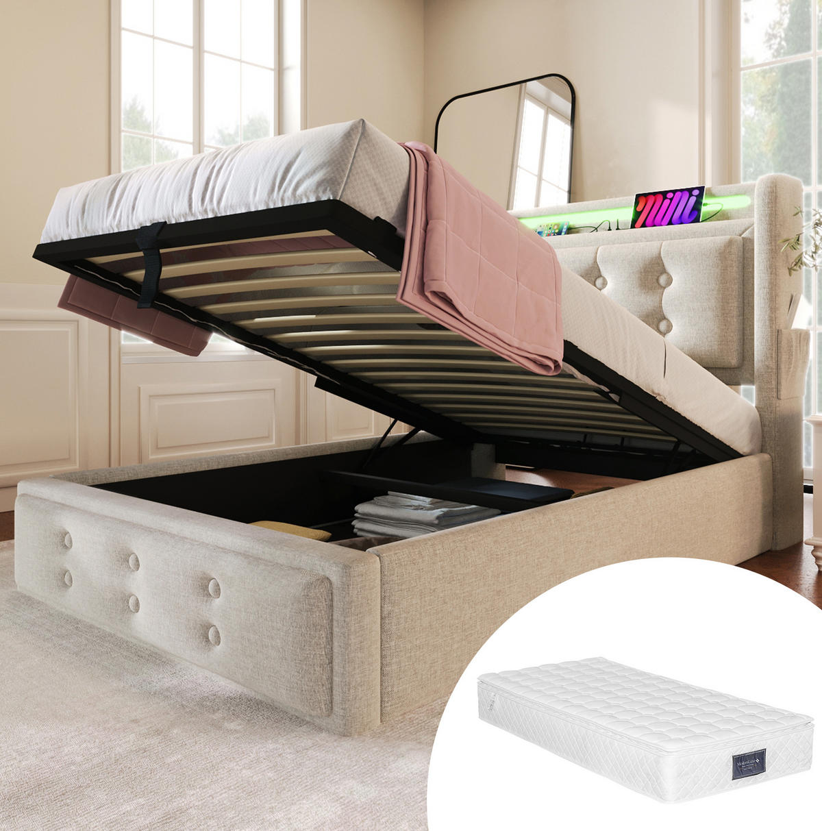 POLSTERBETT 90/200 cm Beige mit Bettkasten, LED und USB- und Type-C-Anschlüssen - Beige, Textil (90/200cm) - Flora Grace