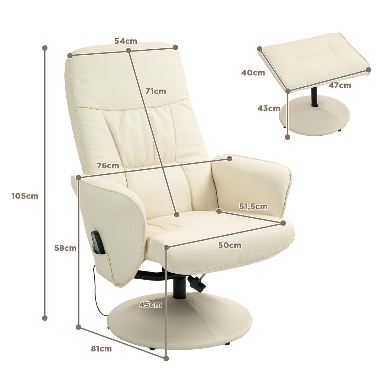 RELAXSESSEL mit Fußhocker, Fernbedienung, Kunstleder, Cremeweiß - Weiß, Metall (76/105/81cm) - HOMCOM