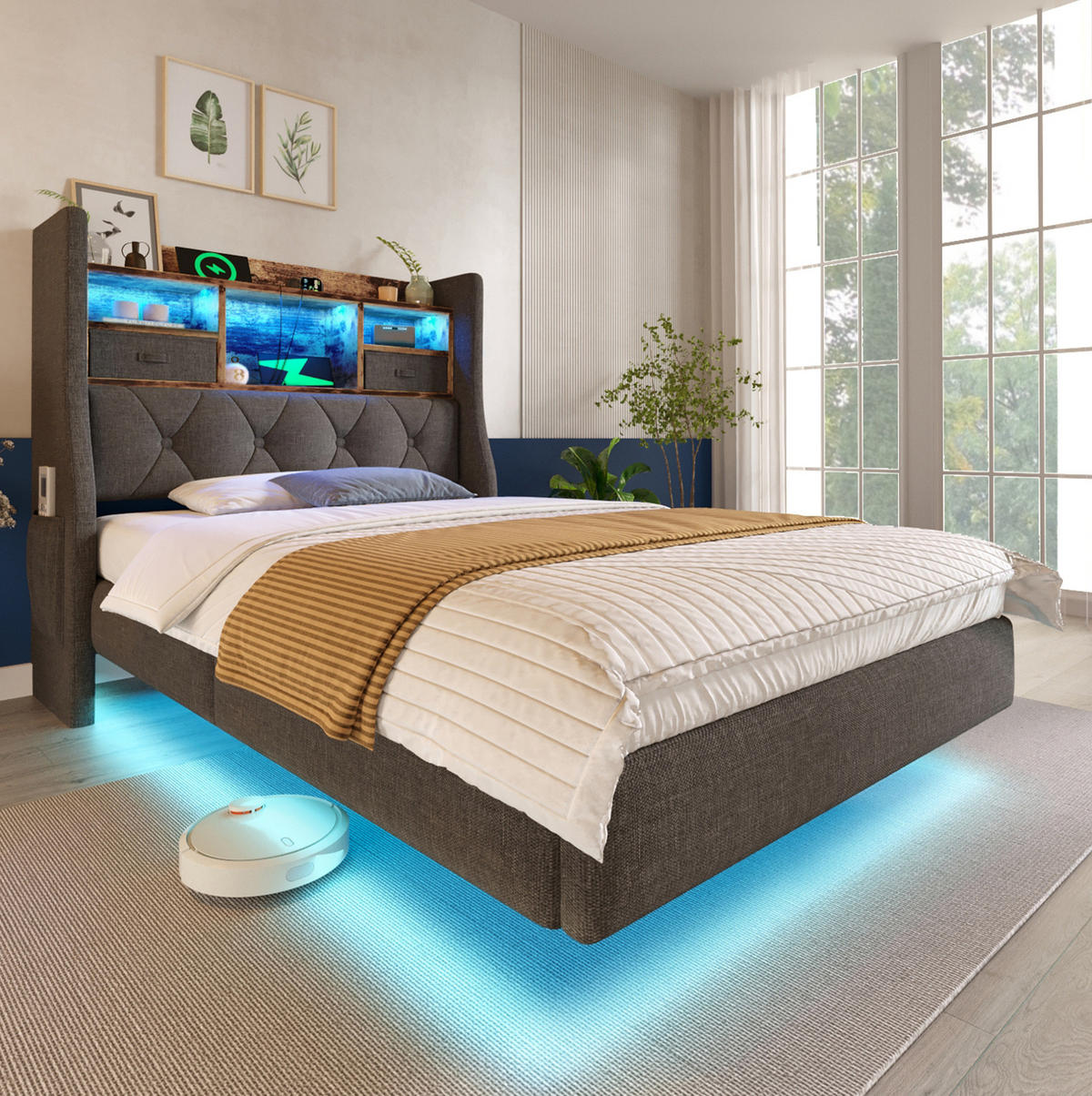 POLSTERBETT aus Leinen 90x200 cm Grau mit LED-Beleuchtung, Ladestation und Stauraum-Kopfteil - Grau, Textil (90/200cm) - IVMEU