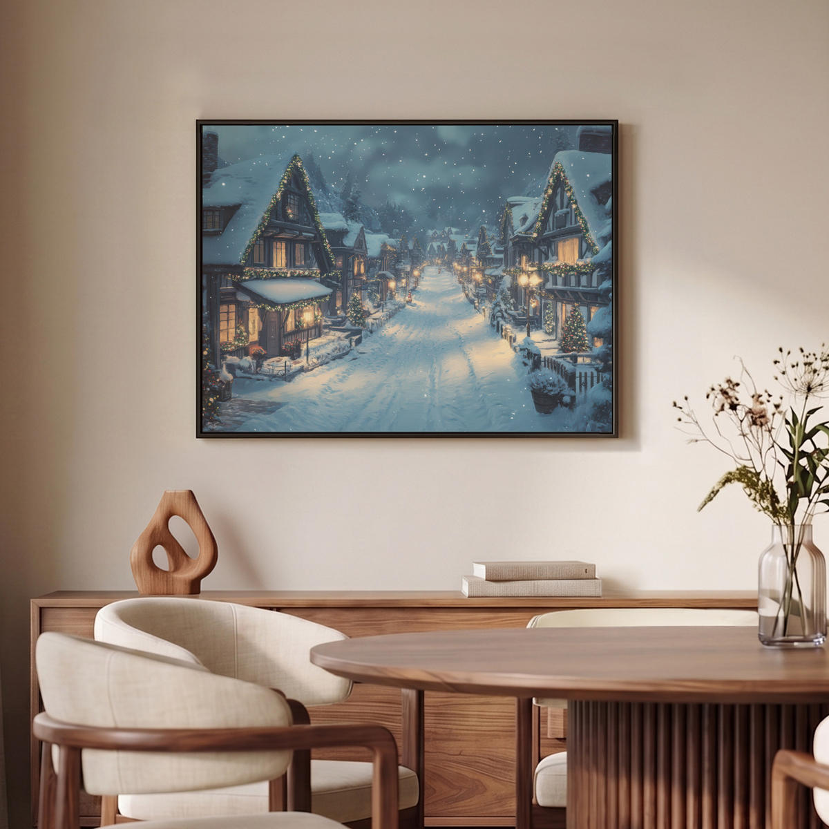 LEINWAND Bilder mit Rahmen - Weihnachtsdorf - Weihnachten - Schnee - Winter - 70x50 - Dunkelblau, Textil (70/50cm) - MuchoWow