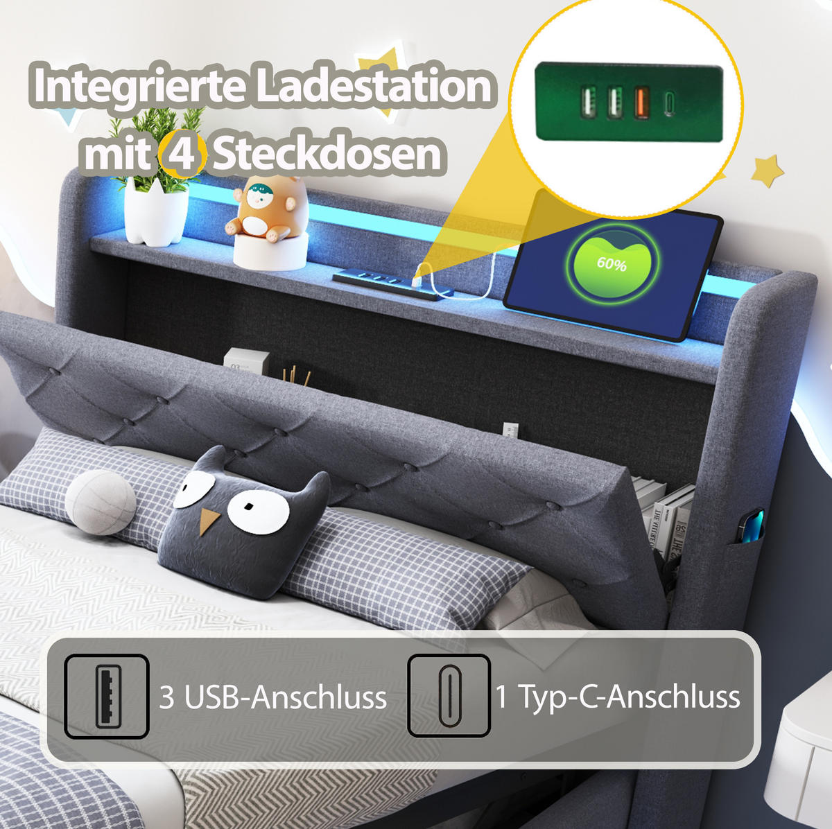 POLSTERBETT 90/200 cm Grau aus Leinenstoff mit Stauraum - Grau, Textil (90/200cm) - OKMYHOME