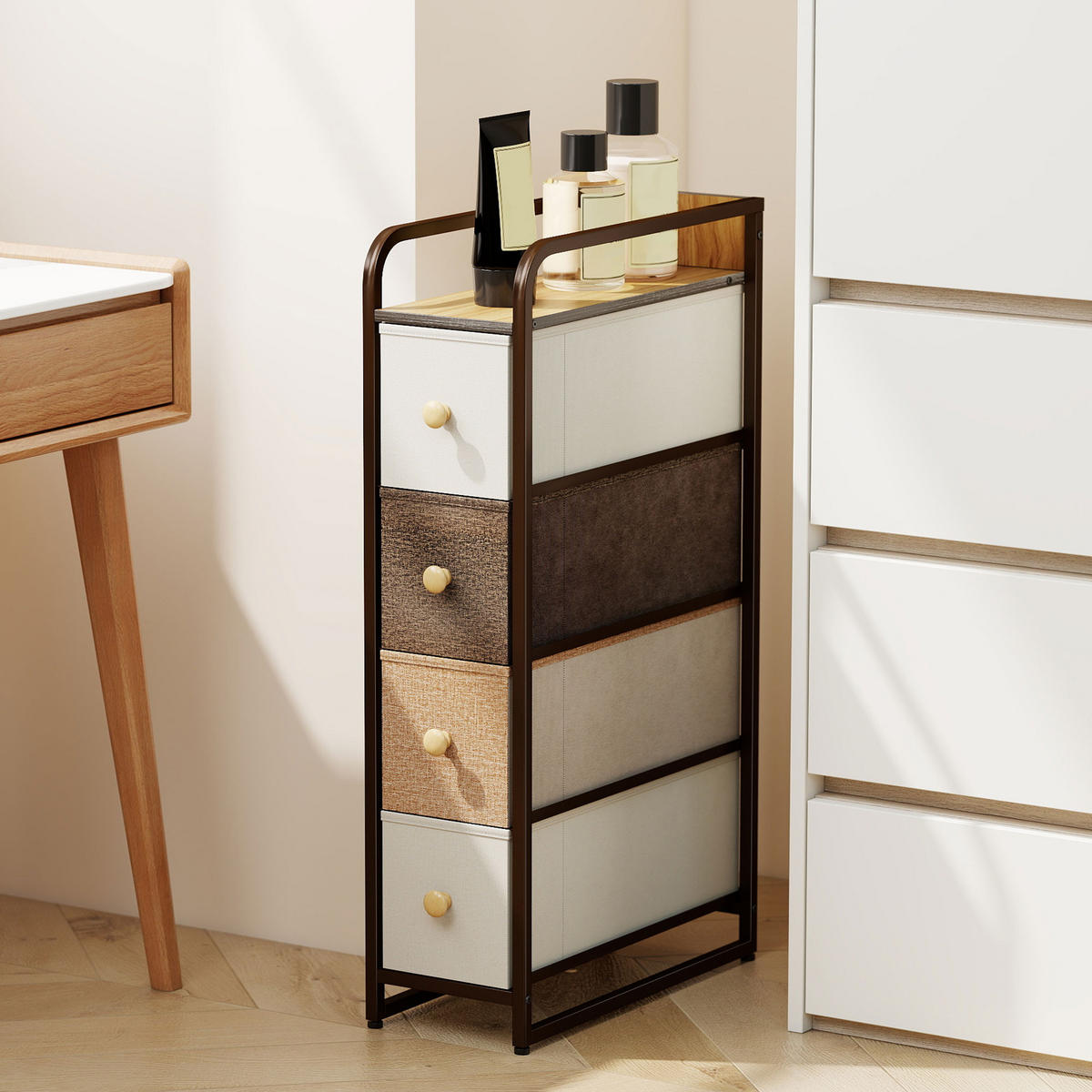 KOMMODE Schrank mit 4 Schubladen aus Vliesstoff Stahlrahmen Schubladenschrank - Multicolor/Braun, Holz/Textil (47/84.5/20cm) - HOMCOM