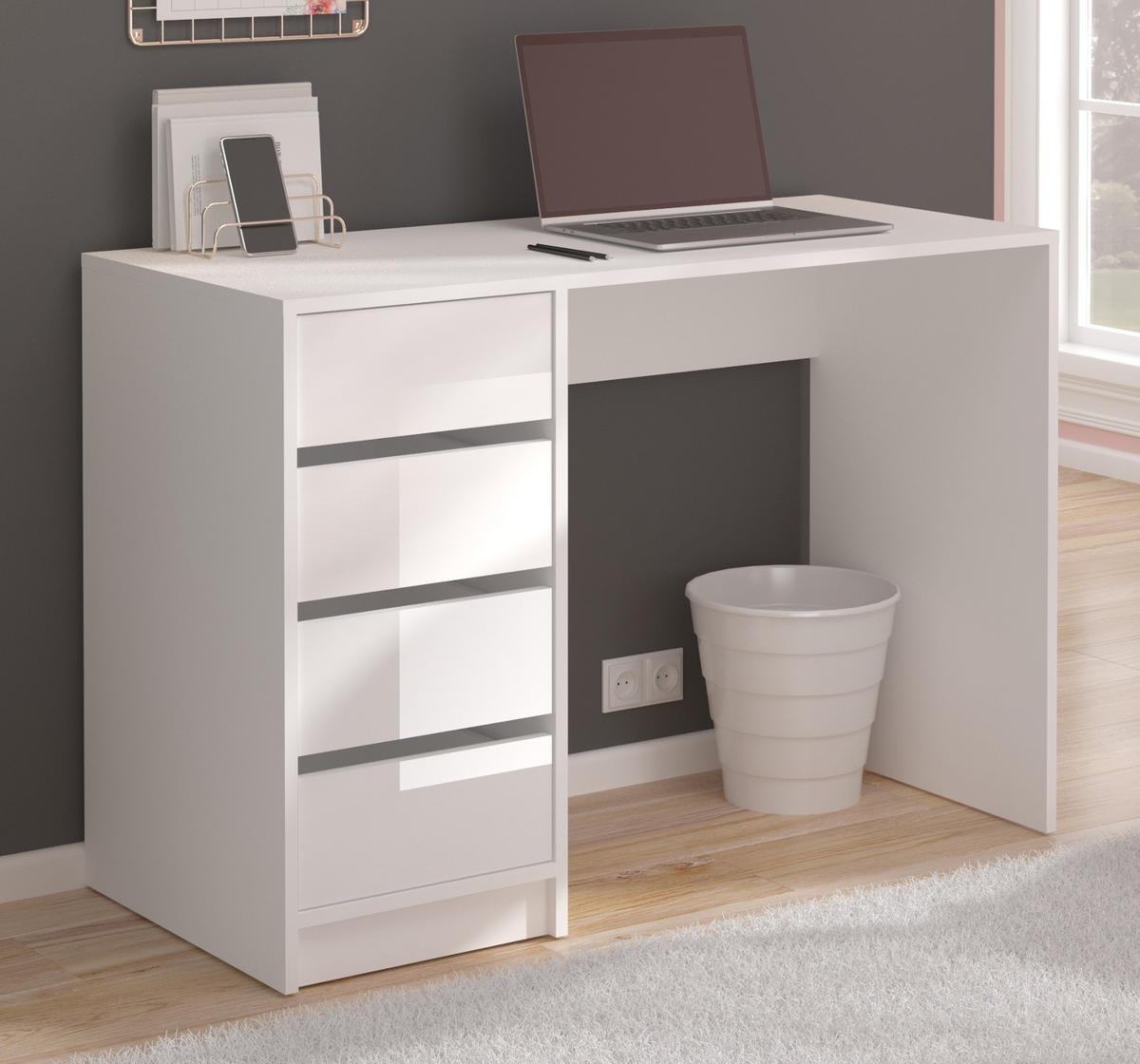 SCHREIBTISCH weiß Hochglanz 110 cm, für Homeoffice und Büro mit 4 Schubladen - Weiß Hochglanz/Weiß, Holzwerkstoff/Metall (110/48/75cm) - Inn.Furn