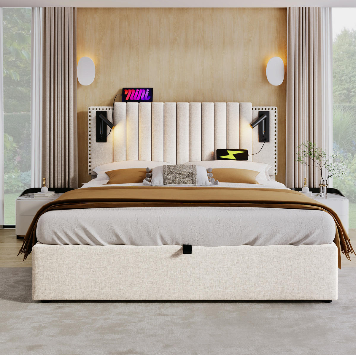 POLSTERBETT mit Bettkasten 180/200 cm in Beige mit Leselicht und USB-C - Beige, Textil (180/200cm) - BEAOK