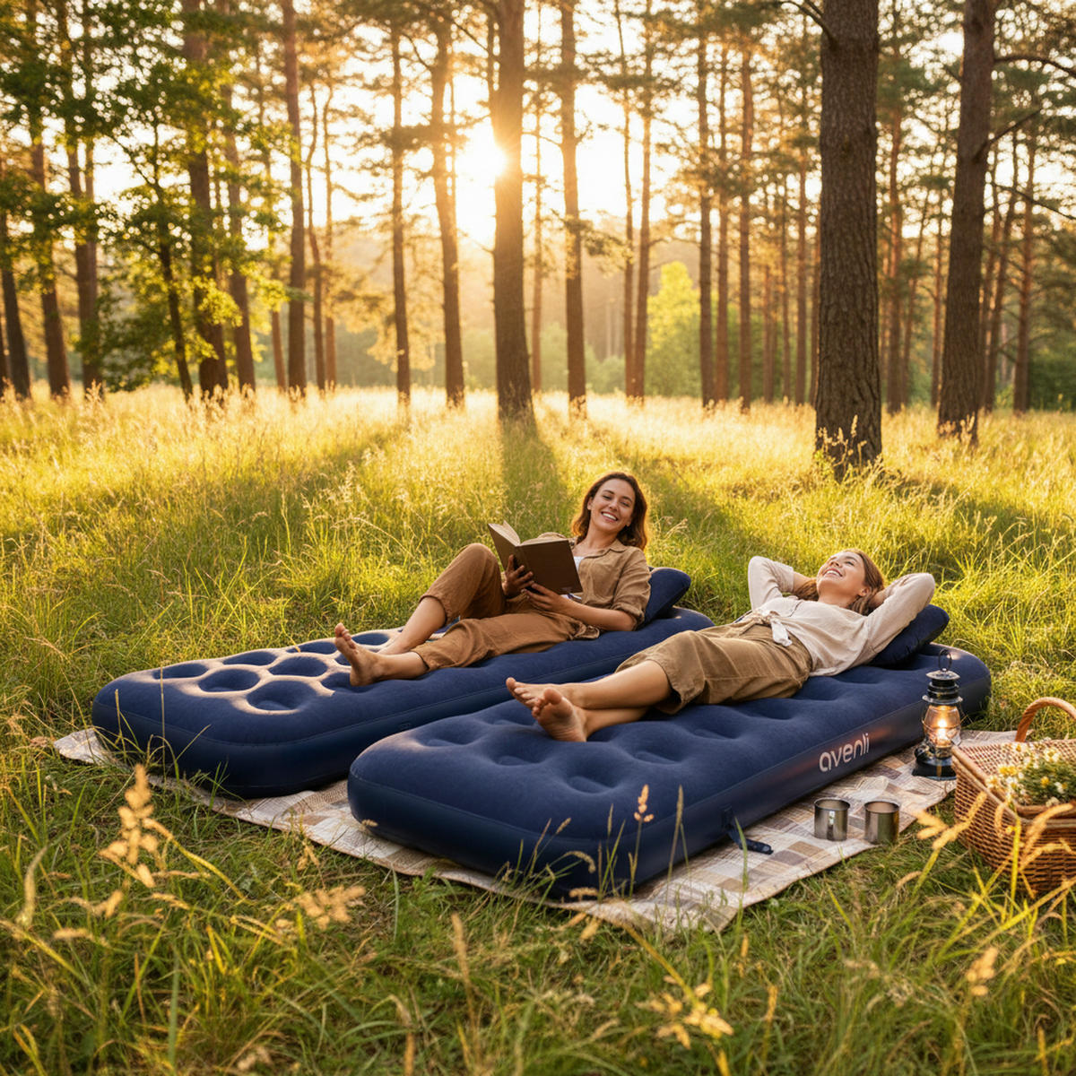 LUFTBETT Luftmatratze Camping 2x 191x73x22cm blau 2 Kissen aufblasbar ohne Pumpe - Blau, Kunststoff (73/191cm) - Avenli