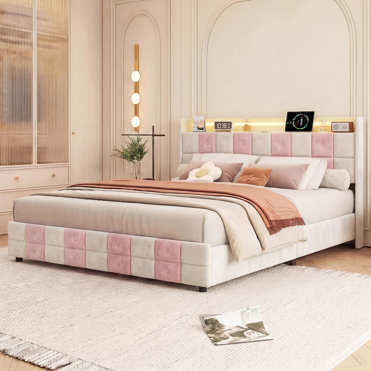 POLSTERBETT 140/190 cm mit LED-Beleuchtung, USB-Anschluss, Ablagekopfteil & 4 Stauraumschubladen - Weiß, Holz/Metall (140/190cm) - Joyfair