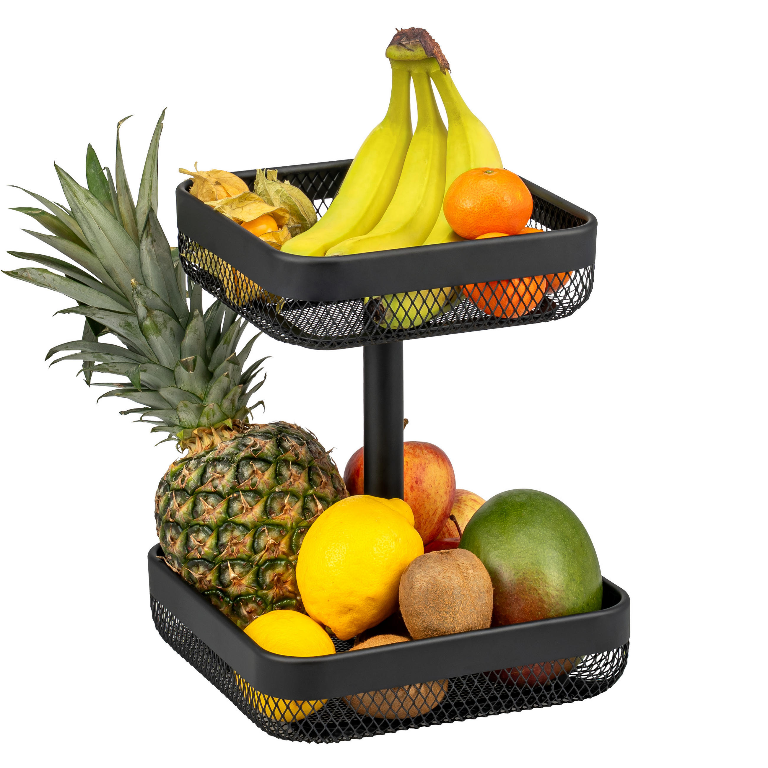 OBSTETAGERE, eckig, 2-stöckig, Ø 20 cm und 25 cm, schwarz, Metall - Schwarz, Metall (30cm) - eluno