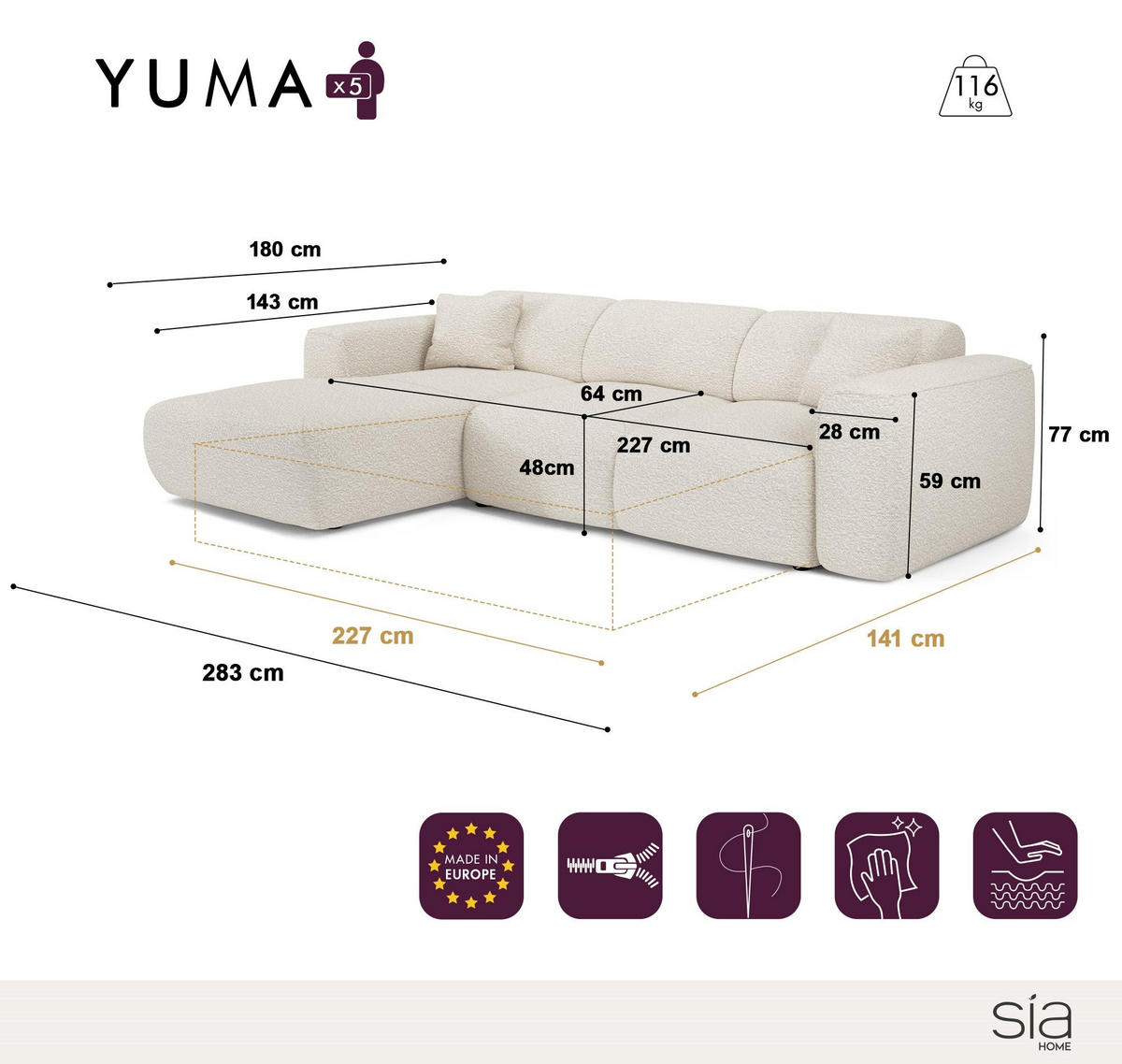 ECKSCHLAFSOFA Texturierter Samt Beige 283cm - Beige, Textil (283/180cm) - Sia Home