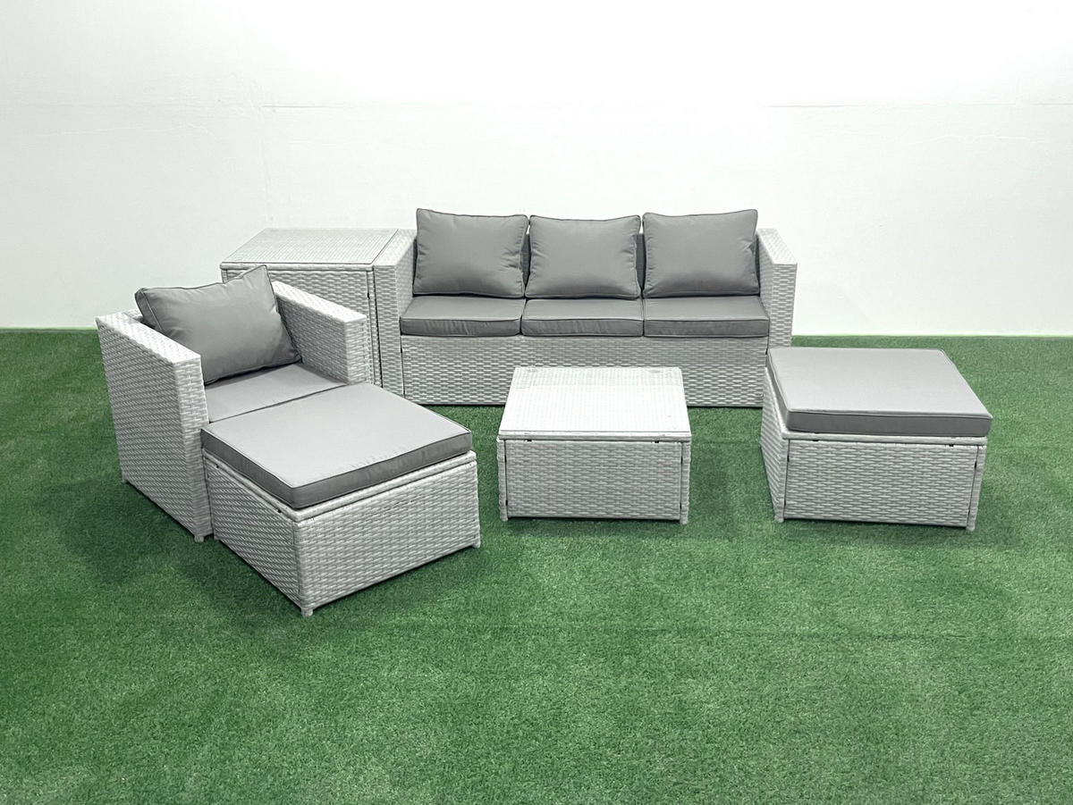 GARTENMÖBELSET mit 3-SITZER SOFA,COUCHTISCH Polyrattan Hellgrau-Mix 6-Sitzer - Hellgrau/Grau, Glas/Kunststoff - Fimous