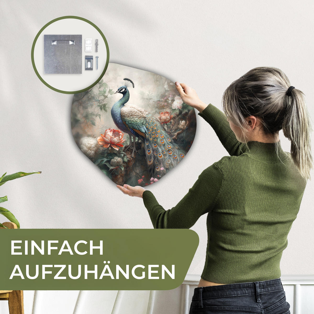 WANDBILD Pfau - Pfauenfedern - Vogel - Dschungel - Blumen 40x40 cm - Smaragdgrün, Kunststoff (40/40cm) - MuchoWow