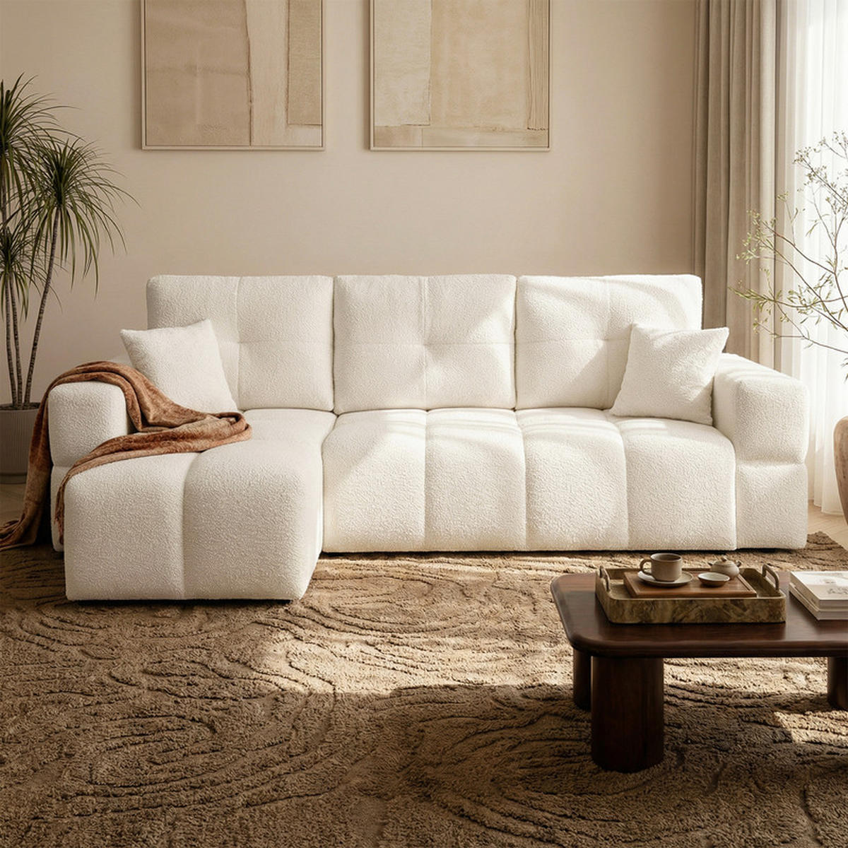 ECKSOFA BUENO mit Schlaffunktion und Bettkasten, Stoff Creme - Creme, Kunststoff/Textil (250/148cm) - Idohome
