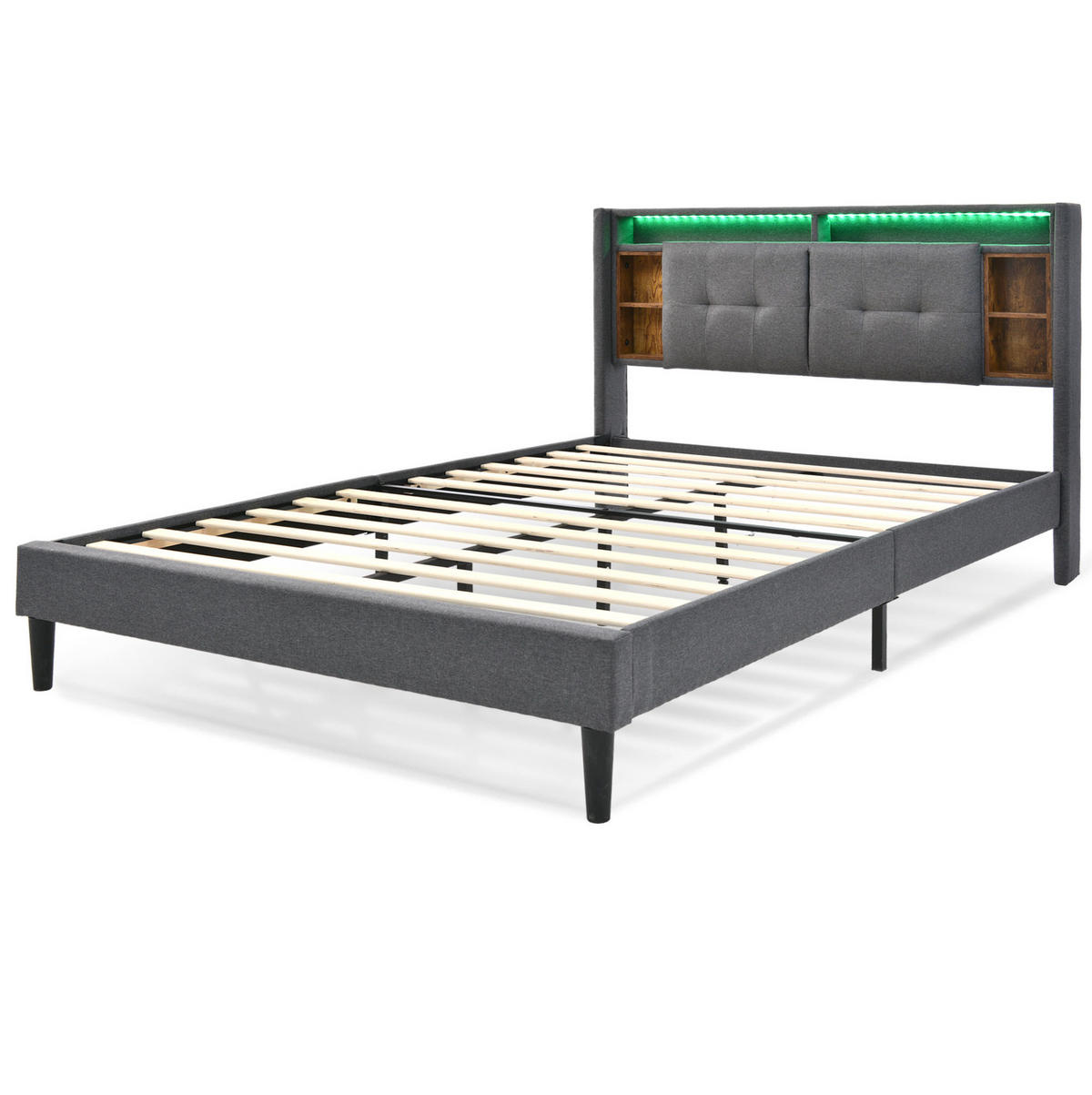 POLSTERBETT 160/200 cm grau aus Massivholz mit Stauraum-Kopfteil, USB und LED - Grau, Holzwerkstoff (160/200cm) - OKWISH