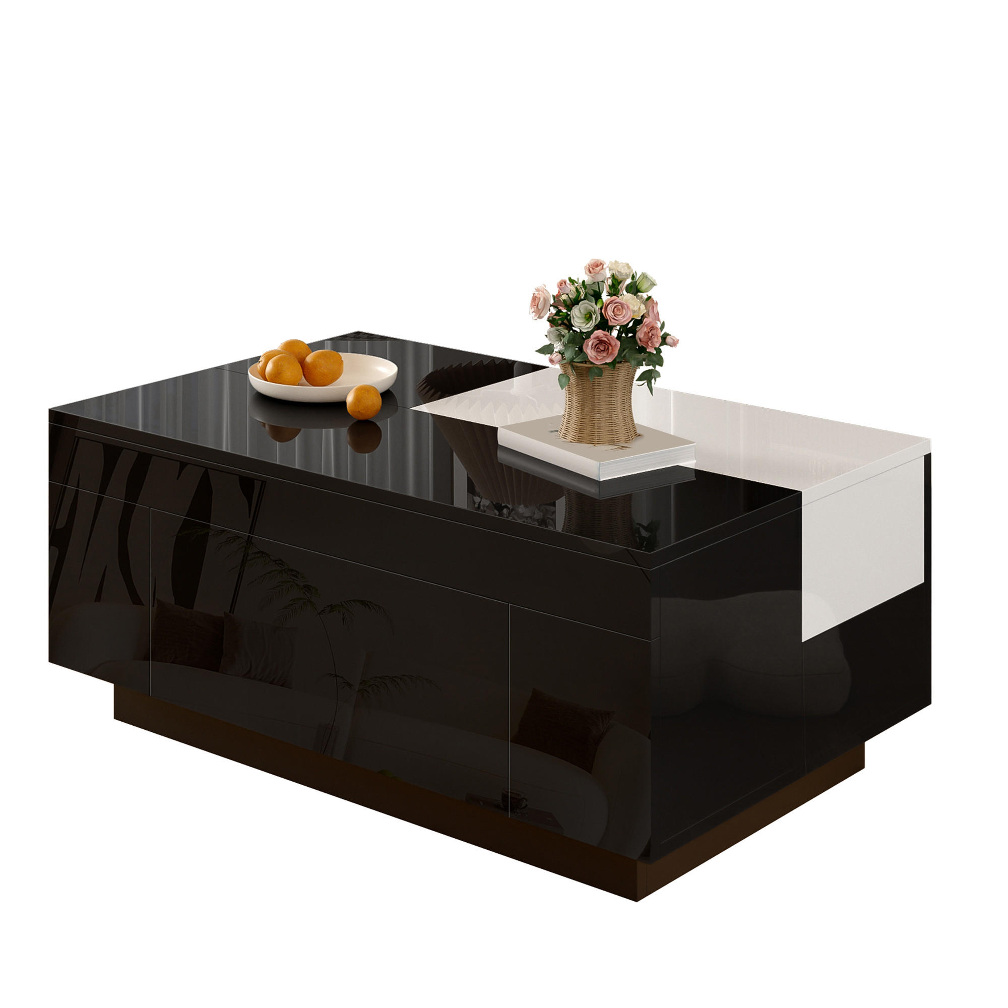COUCHTISCH Schwarz-Weiß Hochglanz mit LED-Lichtband & ausziehbarer Platte 80×50×35,5 cm aus MDF - Schwarz, Holzwerkstoff (50/80/35.5cm) - Luhomfu