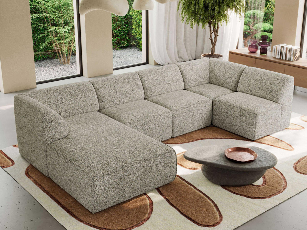 WOHNLANDSCHAFT MODARO U 5M - Beige Struktur - Links - Beige/Schwarz, Textil (180/78/345cm) - MKS