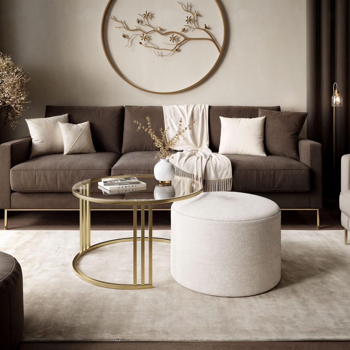 COUCHTISCH mit Hocker LORI GLASS gebürstetes Gold/transparentes Glas/Perfect Harmony 01 - Transparent, Metall (70/70/49cm) - Lookway