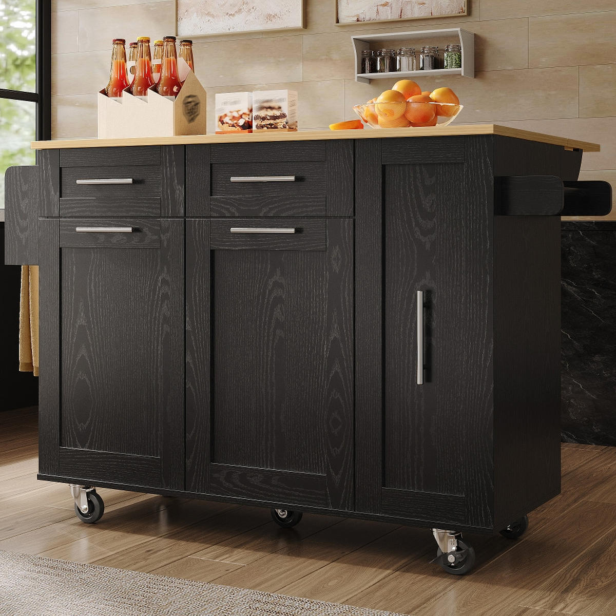 KÜCHENINSEL Klappbar, Speisewagen Mit Stauraum, MDF/Metall, Schwarz-Holzmaserung, 110/46/90,5 cm - Schwarz, Kunststoff (74/90.5/110cm) - Rolipo