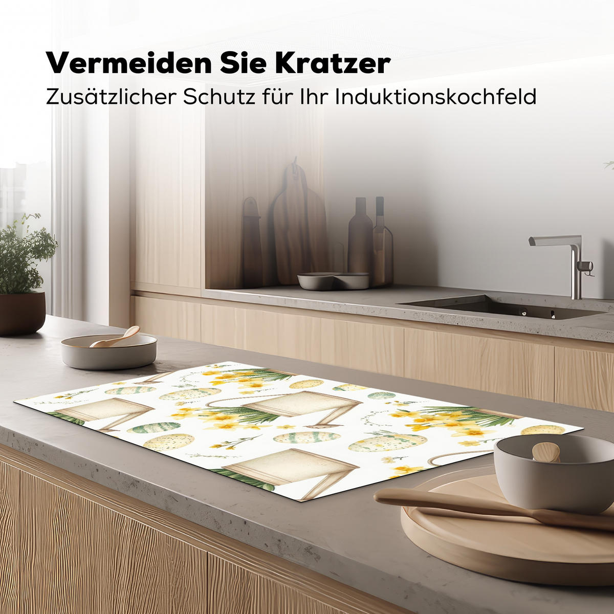 HERDABDECKPLATTE Gießkanne - Blumen - Eier Ceranfeldabdeckung 90x52 cm - Weiß, Kunststoff (90/52/0.2cm) - MuchoWow