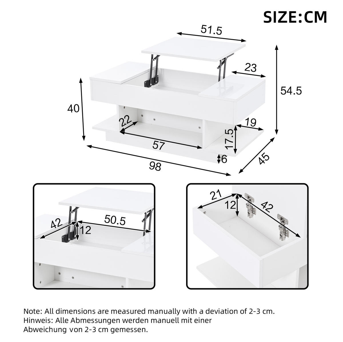 COUCHTISCH aus Spanplatte 98x45x40 cm in Weiß mit LED-Beleuchtung & Liftfunktion - Weiß, Holzwerkstoff (98/45/40cm) - Modfu