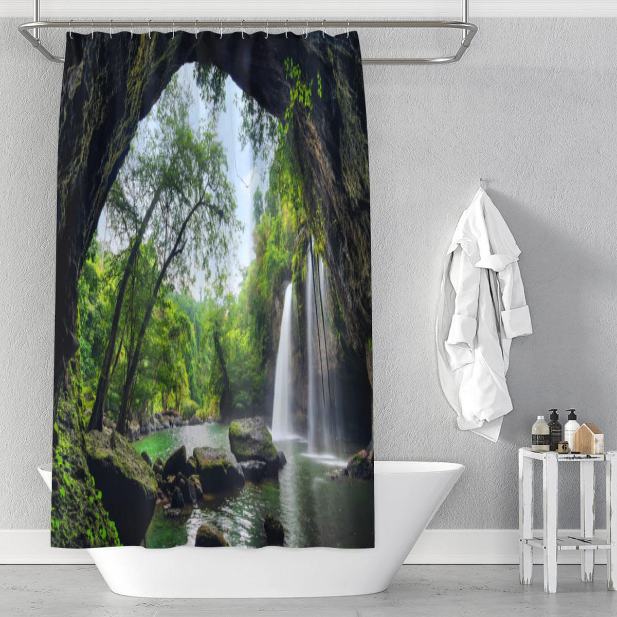 DUSCHVORHANG Polyester 120 x 180 cm Digitaldruck 3D mit Haken für verschiedene Stangen - Grün, Textil (120/180cm) - MCBOSON