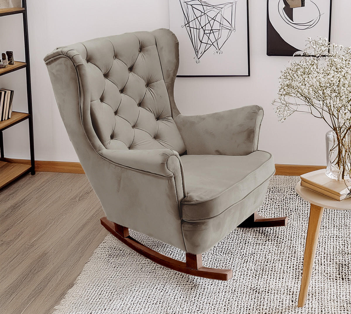 SCHAUKELSESSEL mit gepolstertem Sitz und Armlehnen, 102x81x95 cm, Grau_29843 - Braun/Grau, Holz/Textil (81/102/95cm) - DomoHome