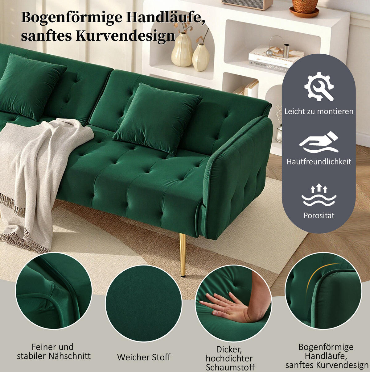 SCHLAFSOFA aus Velours 215x81,5 cm in Grün mit verstellbarer Rückenlehne - Grün, Textil (215/41/81.5cm) - Modfu