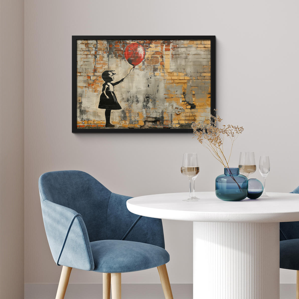 POSTER MIT RAHMENGERAHMTES BILD Graffiti - Banksy - Mädchen - Straßenkunst 60x40 cm - Sandfarben, Papier (60/40cm) - MuchoWow