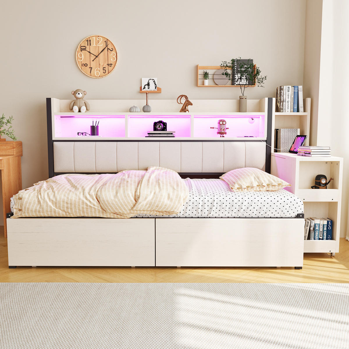 JEDNOLŮŽKOVÁ postel 90/200 cm bílá v dekoru dřeva z kovu a dřeva s úložným prostorem a stolem - bílá, kov (90/200cm) - OKWISH