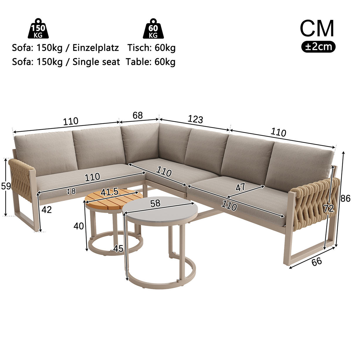LOUNGESET Modular 5-6 Personen Beige Mit Verstellbaren Füßen - Beige, Metall - FLIEKS