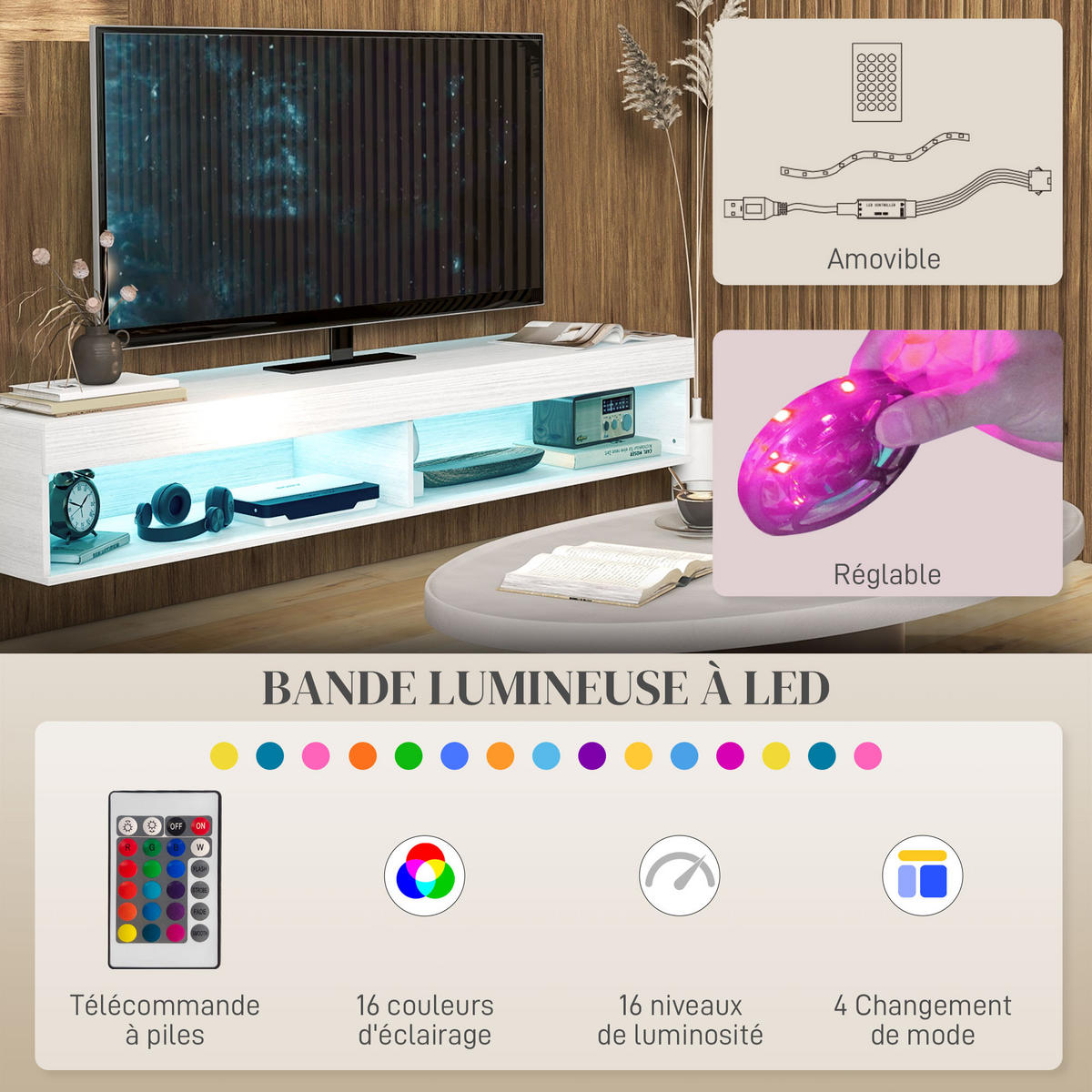 TV-LOWBOARD Weiß 180/40/30 cm, Hängend, LED-Beleuchtung, 2 Klappen - Weiß, Holz (180/30/40cm) - PANGIVO