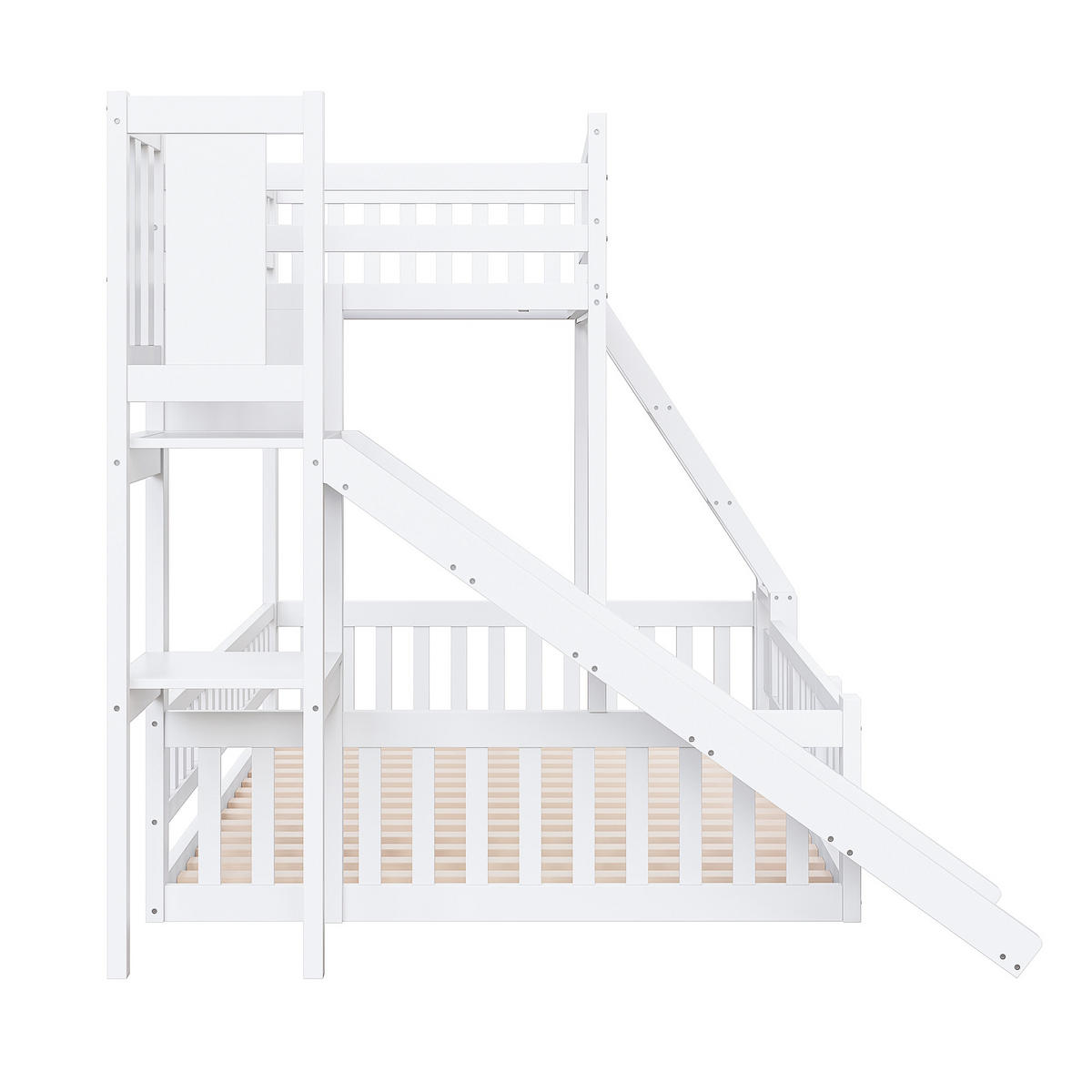 ETAGENBETT Kinder 140 x 200 cm Weiß mit Rutsche, Geländer und Regalen - Weiß, Holz (140/200cm) - ComfortXL