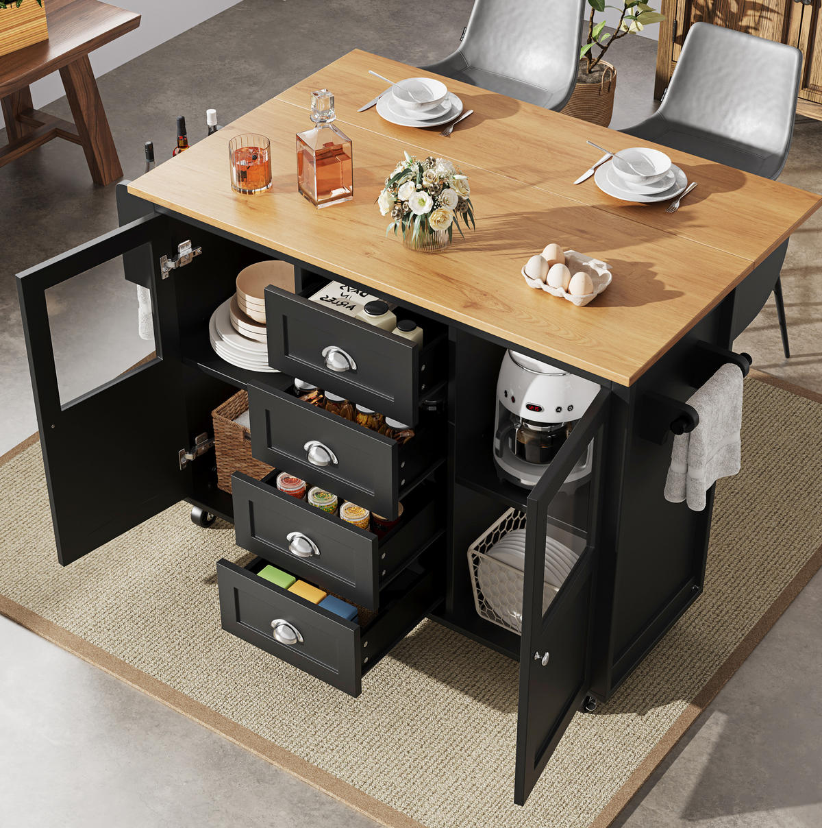 KÜCHENINSEL 137,9/73/92,5 cm aus MDF und Metall mit Klapptisch und Rollen Schwarz - Schwarz, Holzwerkstoff (137.9/92.5/73cm) - Modenvie