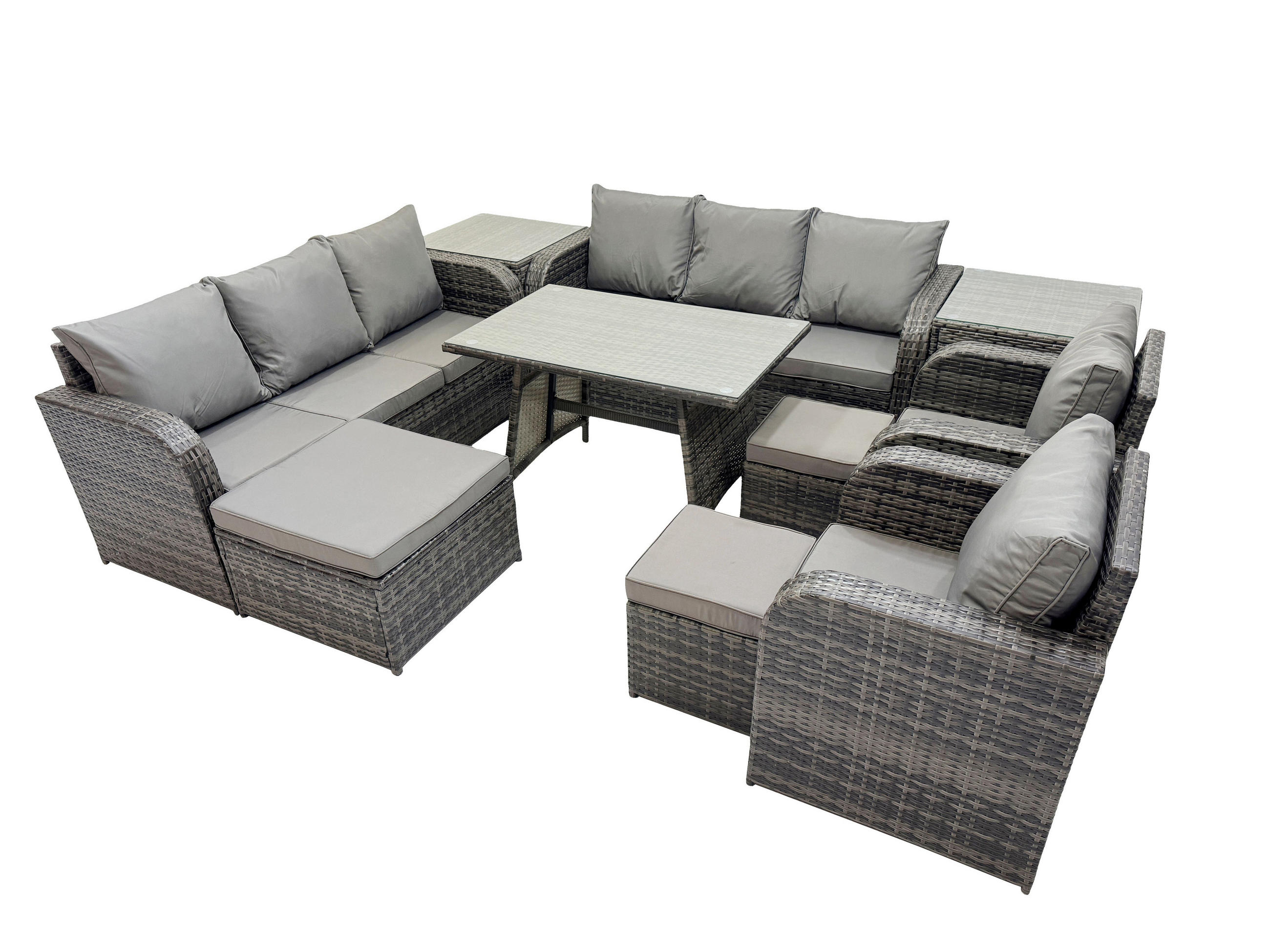 GARTENSET Hohe Rückenlehne Polyrattan 11-Sitzer - Dunkelgrau/Grau, Glas/Kunststoff - Fimous
