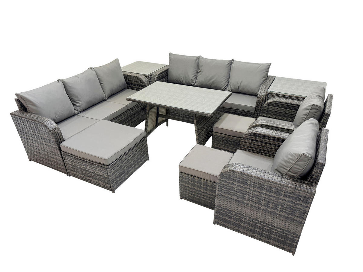 GARTENSET Hohe Rückenlehne Polyrattan 11-Sitzer - Dunkelgrau/Grau, Glas/Kunststoff - Fimous