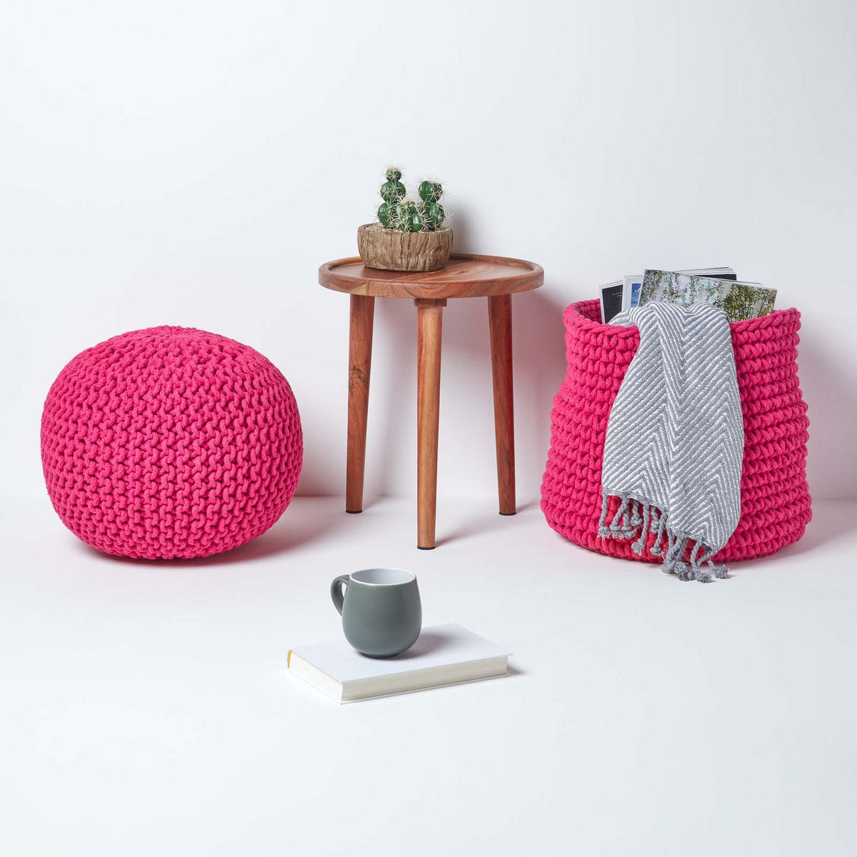 STRICK-POUF pink, 40/40/35 cm - Pink, Textil (40/35/40cm) - Homescapes