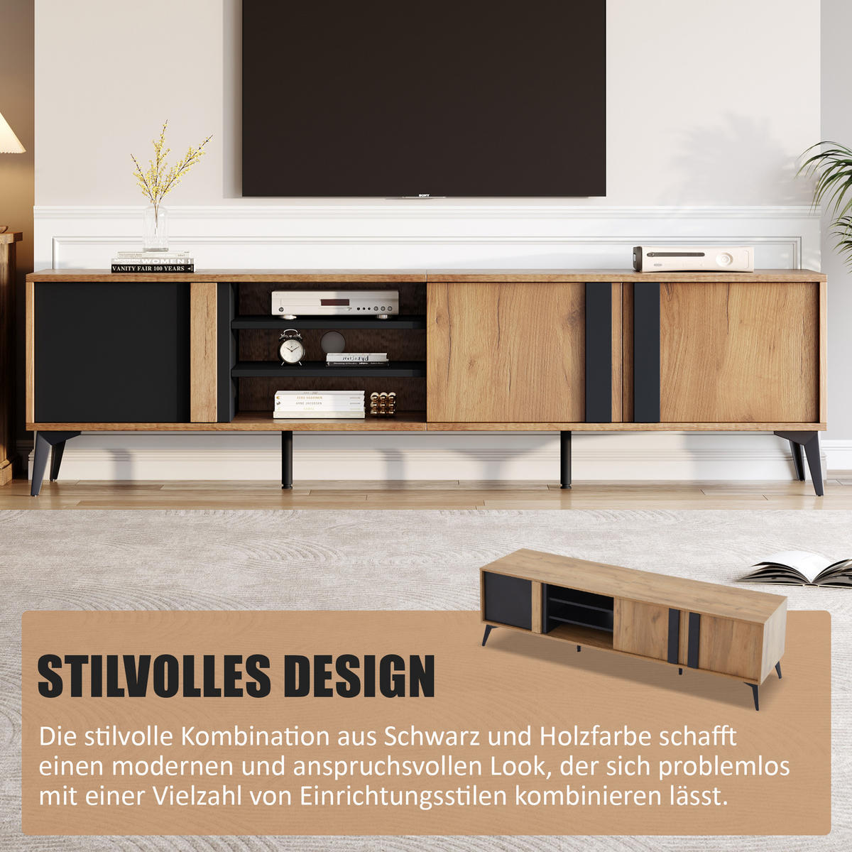 TV-ELEMENT 180/40/50 cm Braun mit 3 Türen und offenem Fach - Schwarz, Holz (180/50/40cm) - Oxeza