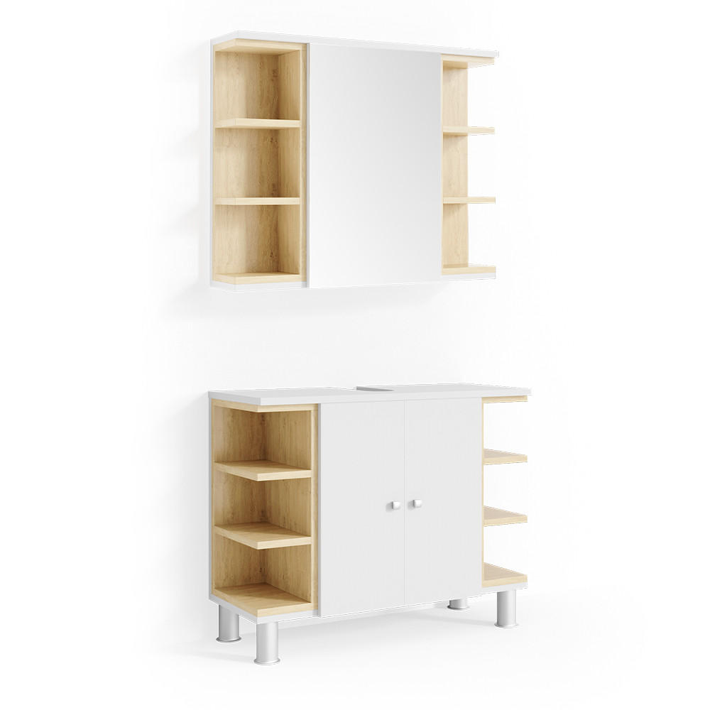 BADMÖBEL-SET Aquis Weiß 2 Teile - Weiß/Sonoma Eiche, Holzwerkstoff (79.6/64/32cm) - Vicco