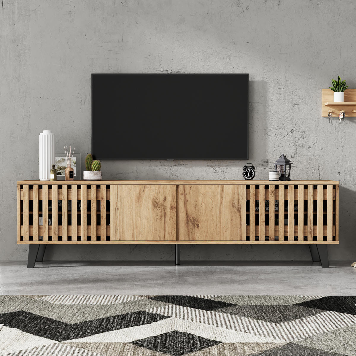 TV-ELEMENT in Holzfarben TV-Ständer mit 8 Ablagefächer für 70-Zoll-Fernseher, geeignet für Wohnzimmer, B180/T40/H55cm - Schwarz/Naturfarben, Holzwerkstoff/Kunststoff (180/55/40cm) - STILVORA