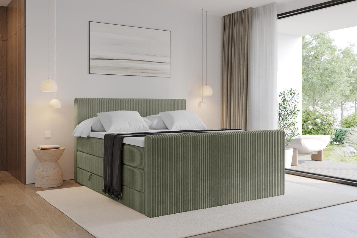 BOXSPRINGBETT mit Matratze H3|H4 und Lattenrost - TOLO-Z KING 140x200 Cord - Olive - Olivgrün, Holzwerkstoff (140/200cm) - ALTDECOR