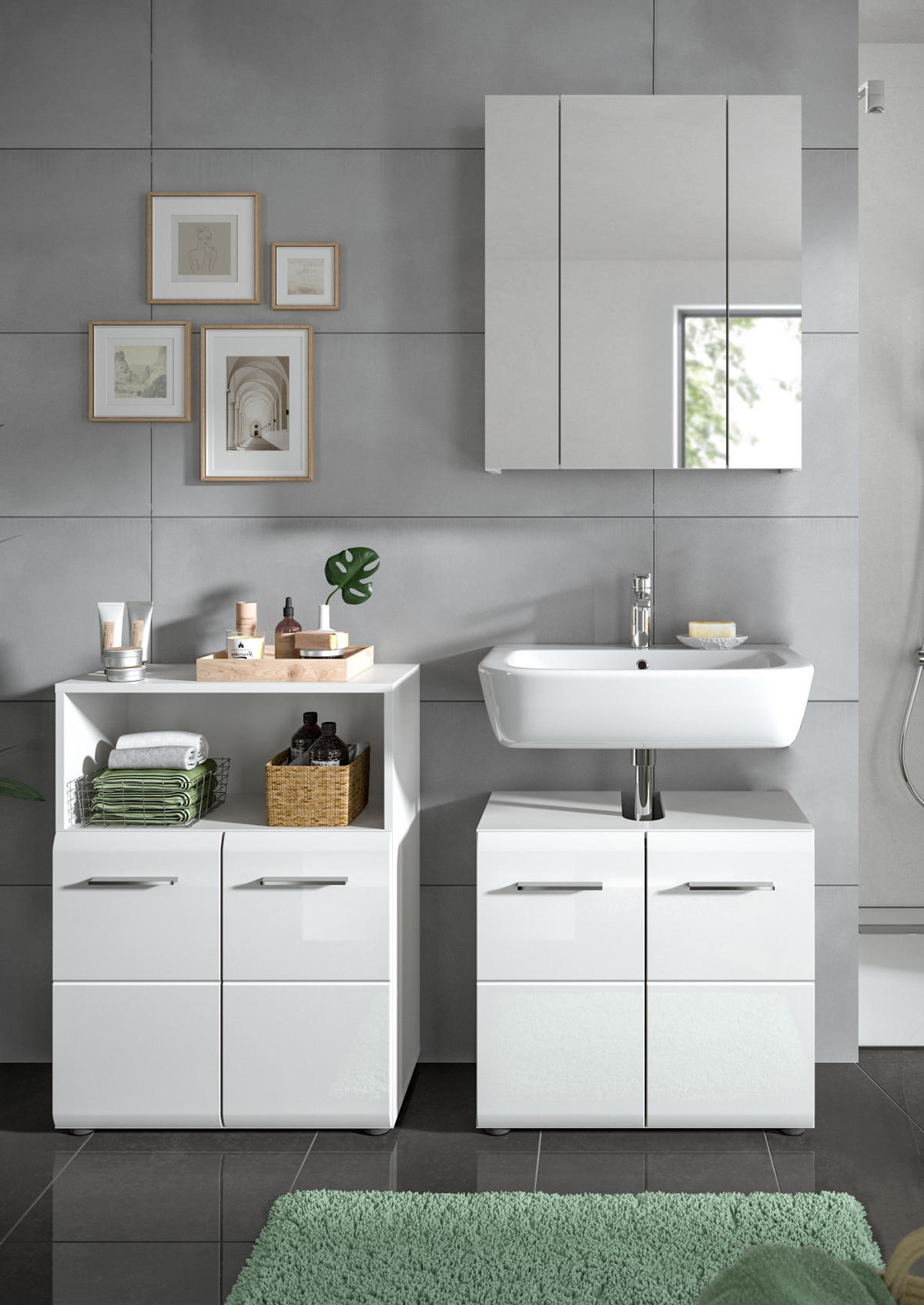 BADMÖBEL SET 3-teilig in weiß Hochglanz Badkombination 135 x 185 cm Cover - Weiß Hochglanz/Silberfarben, Holzwerkstoff/Kunststoff (135/185/30cm) - Inn.Furn