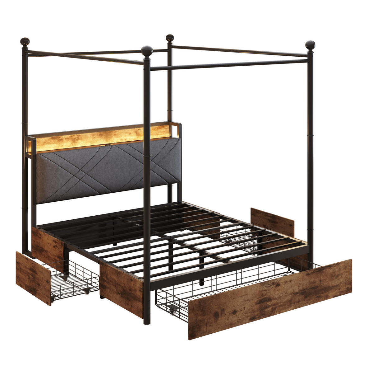 METALLBETT 140/190 cm mit LED-Beleuchtung, Stauraum und USB- und Type-C-Anschlüssen - Schwarz, Metall (140/190cm) - Flora Grace