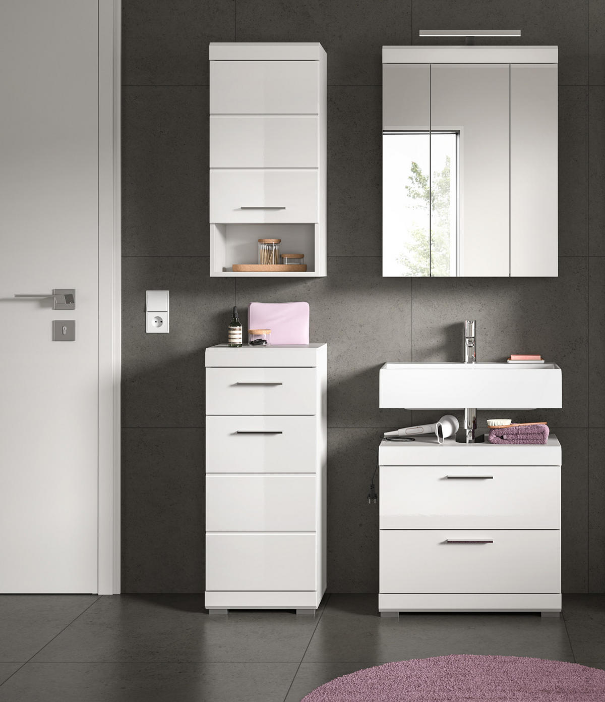 BADMÖBEL-SET weiß Hochglanz 4-teilig 112 cm, Komplettset mit viel Stauraum - Weiß Hochglanz, Glas/Holzwerkstoff (112/191/37cm) - Inn.Furn